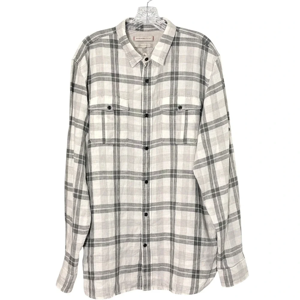 Banana Republic Men Linen Button Down Shirt Large Plaid Tailored Slim Fit Pocket